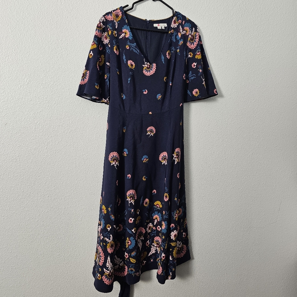 Boden Navy Midi Dress with Pink, Yellow and Blue Floral Print